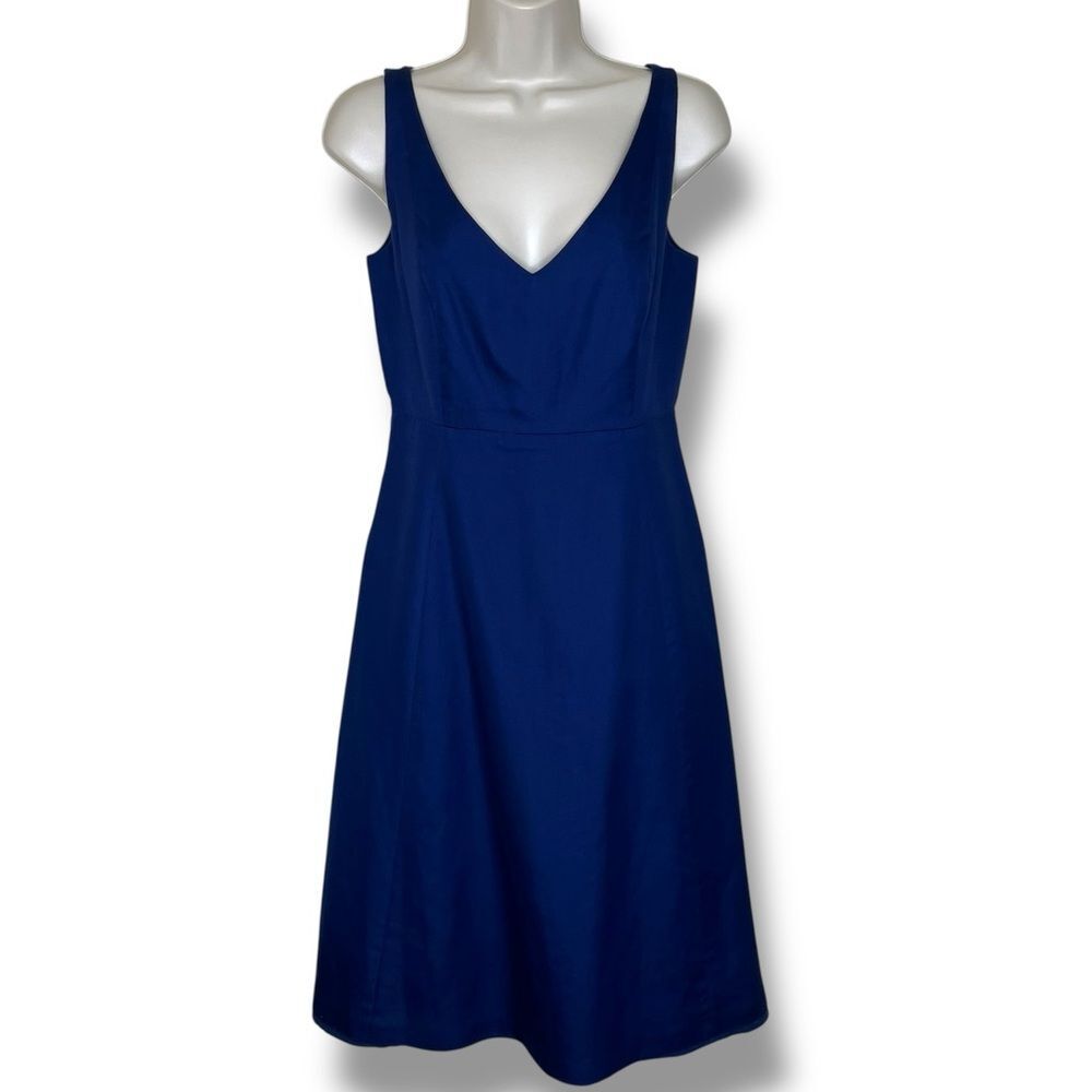 J Crew Blue Sleeveless Cotton A Line Dress Size 2 V Neck Zip Back Lined Classic
